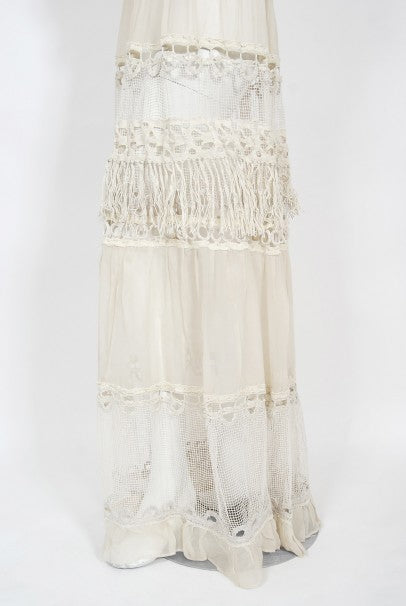 1970&#39;s Ivory Mixed Lace Sheer Cotton Bohemian Flutter-Sleeve Bridal Gown