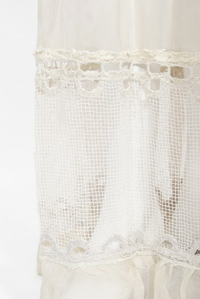 1970&#39;s Ivory Mixed Lace Sheer Cotton Bohemian Flutter-Sleeve Bridal Gown