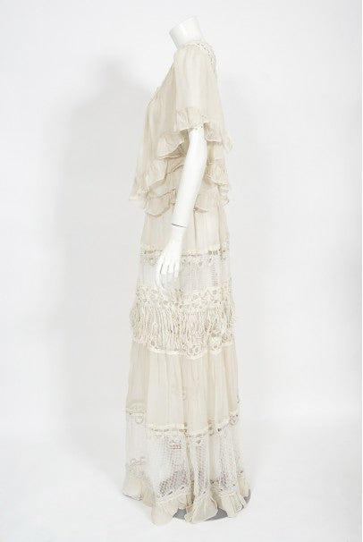 1970&#39;s Ivory Mixed Lace Sheer Cotton Bohemian Flutter-Sleeve Bridal Gown