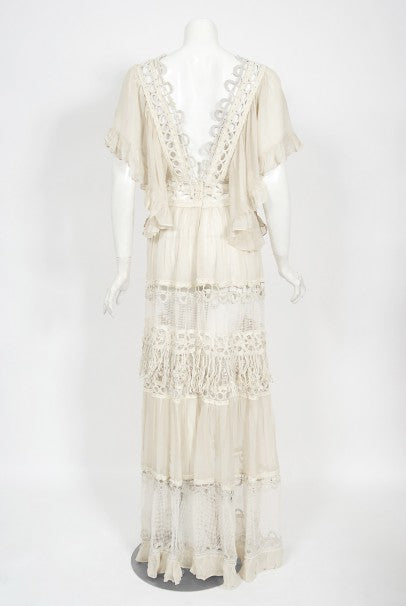1970&#39;s Ivory Mixed Lace Sheer Cotton Bohemian Flutter-Sleeve Bridal Gown