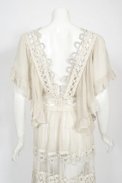 1970&#39;s Ivory Mixed Lace Sheer Cotton Bohemian Flutter-Sleeve Bridal Gown