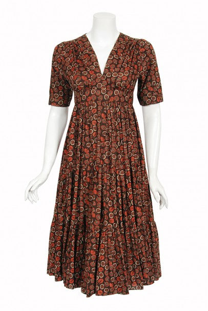 1970&#39;s Ossie Clark &#39;Autumn Leaves&#39; Print Cotton Empire Waist Dress