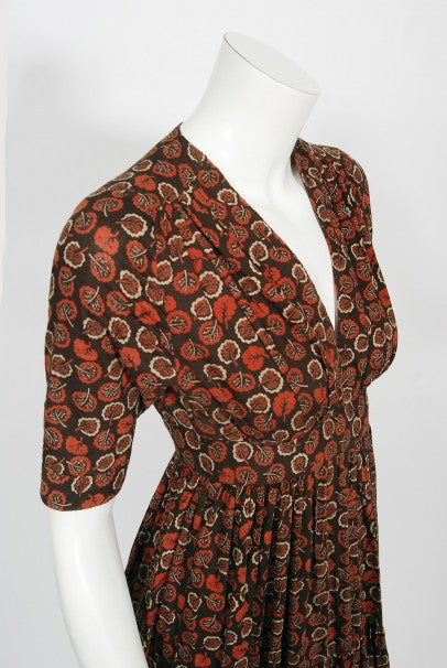 1970&#39;s Ossie Clark &#39;Autumn Leaves&#39; Print Cotton Empire Waist Dress