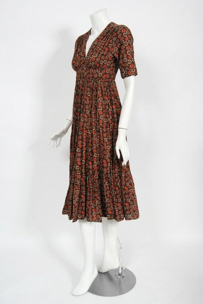 1970&#39;s Ossie Clark &#39;Autumn Leaves&#39; Print Cotton Empire Waist Dress