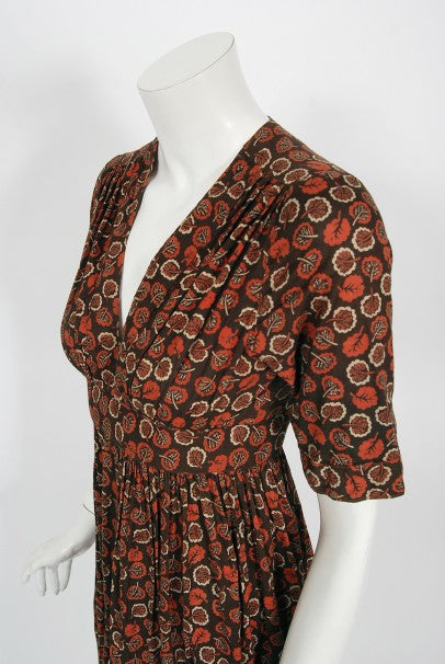 1970&#39;s Ossie Clark &#39;Autumn Leaves&#39; Print Cotton Empire Waist Dress