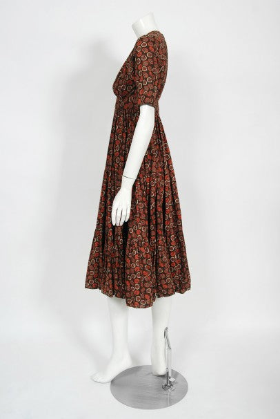 1970&#39;s Ossie Clark &#39;Autumn Leaves&#39; Print Cotton Empire Waist Dress