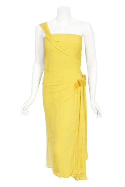 1950's Philip Hulitar Yellow Silk Chiffon Draped Hourglass Dress