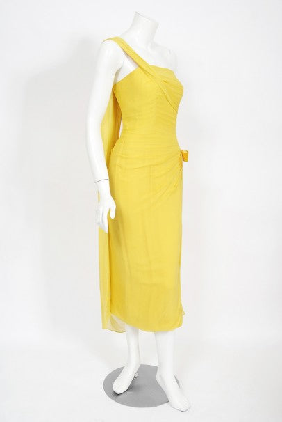 1950&#39;s Philip Hulitar Yellow Pleated Silk Chiffon Draped Hourglass Dress