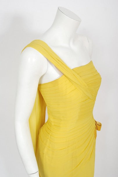 1950&#39;s Philip Hulitar Yellow Pleated Silk Chiffon Draped Hourglass Dress