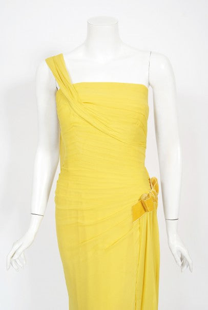 1950&#39;s Philip Hulitar Yellow Pleated Silk Chiffon Draped Hourglass Dress