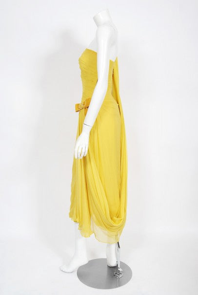 1950&#39;s Philip Hulitar Yellow Pleated Silk Chiffon Draped Hourglass Dress