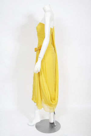 1950's Philip Hulitar Yellow Pleated Silk Chiffon Draped Hourglass Dress