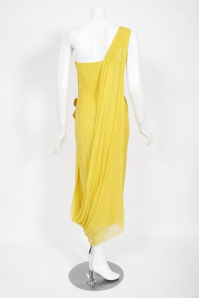 1950&#39;s Philip Hulitar Yellow Pleated Silk Chiffon Draped Hourglass Dress