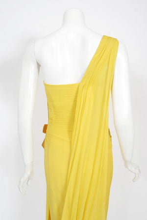 1950's Philip Hulitar Yellow Pleated Silk Chiffon Draped Hourglass Dress