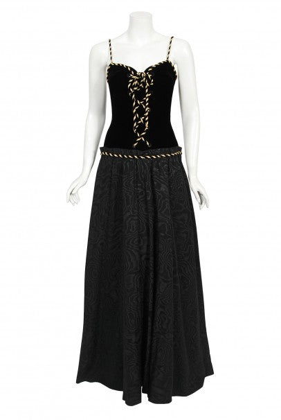 1970's Loris Azzaro Couture Black Gold Silk & Velvet Lace-Up Corset Gown 1970's Loris Azzaro Couture Black Gold Silk & Velvet Lace-Up Corset Gown