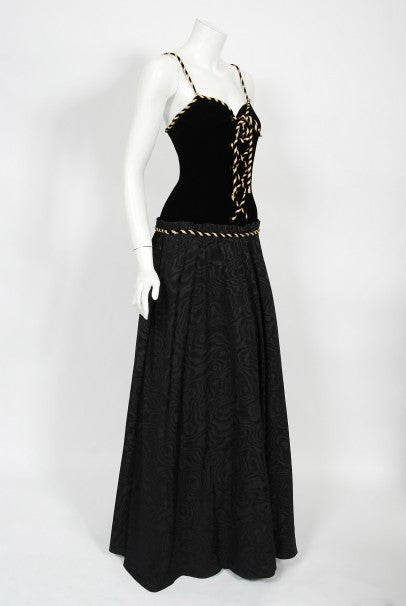 1970's Loris Azzaro Couture Black Gold Silk & Velvet Lace-Up Corset Gown