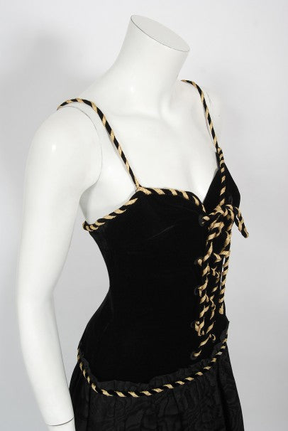 1970&#39;s Loris Azzaro Couture Black Gold Silk &amp; Velvet Lace-Up Corset Gown