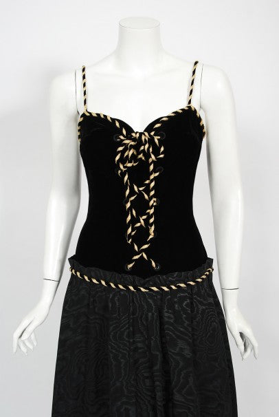 1970&#39;s Loris Azzaro Couture Black Gold Silk &amp; Velvet Lace-Up Corset Gown