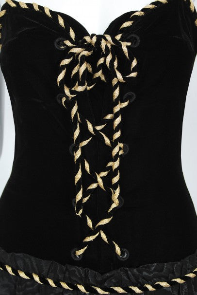 1970&#39;s Loris Azzaro Couture Black Gold Silk &amp; Velvet Lace-Up Corset Gown