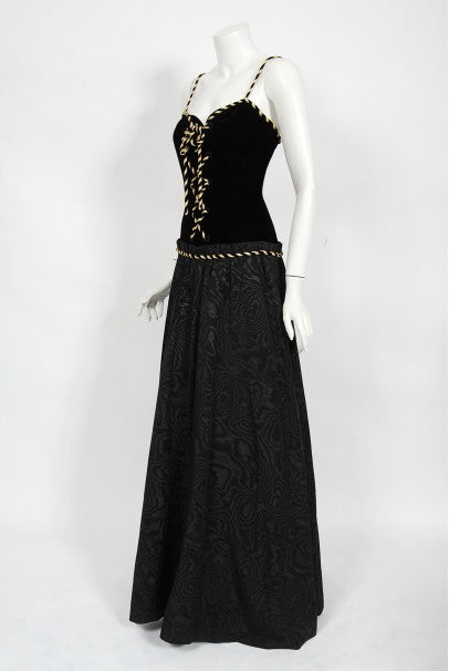1970&#39;s Loris Azzaro Couture Black Gold Silk &amp; Velvet Lace-Up Corset Gown