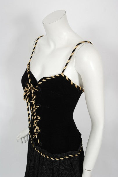 1970&#39;s Loris Azzaro Couture Black Gold Silk &amp; Velvet Lace-Up Corset Gown