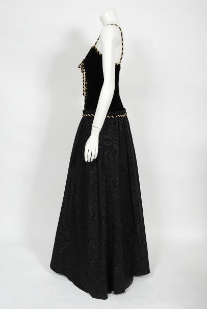 1970&#39;s Loris Azzaro Couture Black Gold Silk &amp; Velvet Lace-Up Corset Gown
