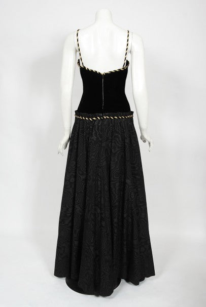 1970&#39;s Loris Azzaro Couture Black Gold Silk &amp; Velvet Lace-Up Corset Gown