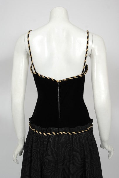 1970&#39;s Loris Azzaro Couture Black Gold Silk &amp; Velvet Lace-Up Corset Gown