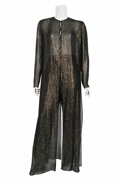 1970&#39;s Jean Patou Sheer Metallic Lurex Silk Full-Length Jacket Pantsuit