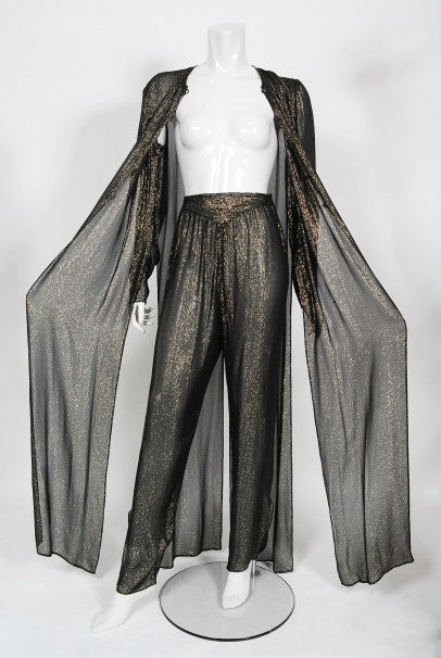 1970&#39;s Jean Patou Sheer Metallic Lurex Silk Full-Length Jacket Pantsuit