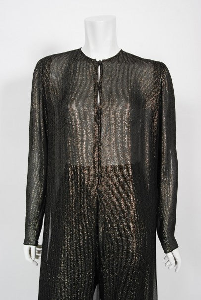 1970&#39;s Jean Patou Sheer Metallic Lurex Silk Full-Length Jacket Pantsuit