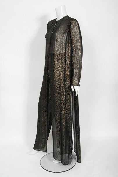 1970&#39;s Jean Patou Sheer Metallic Lurex Silk Full-Length Jacket Pantsuit
