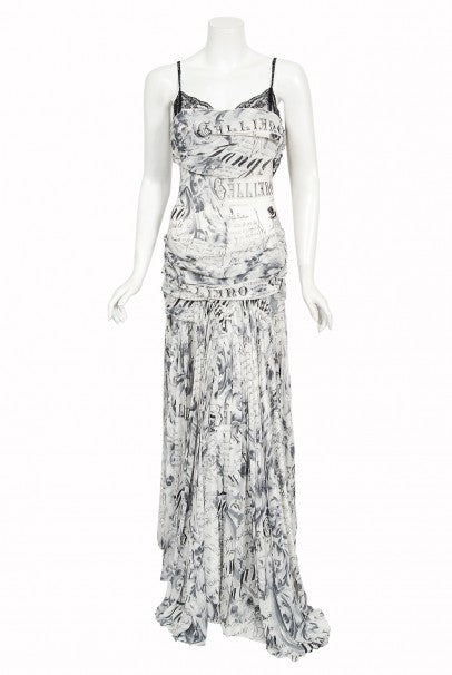 2006 John Galliano Documented Runway Newspaper Print Silk &amp; Lace Gown