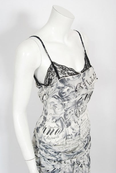 2006 John Galliano Documented Runway Newspaper Print Silk &amp; Lace Gown