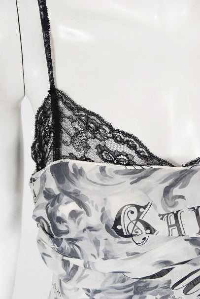 2006 John Galliano Documented Runway Newspaper Print Silk &amp; Lace Gown