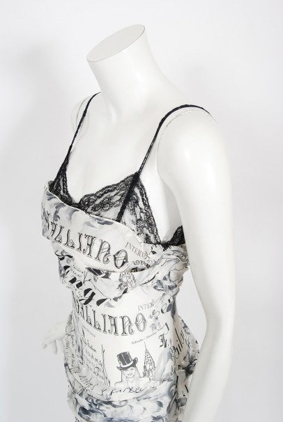 2006 John Galliano Documented Runway Newspaper Print Silk &amp; Lace Gown