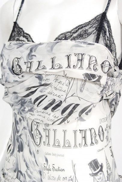 2006 John Galliano Documented Runway Newspaper Print Silk &amp; Lace Gown