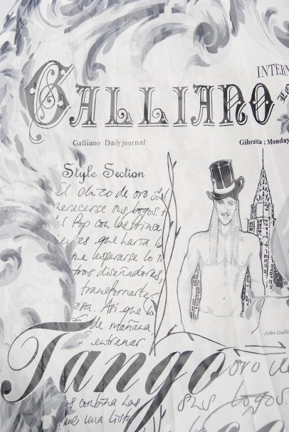 2006 John Galliano Documented Runway Newspaper Print Silk &amp; Lace Gown