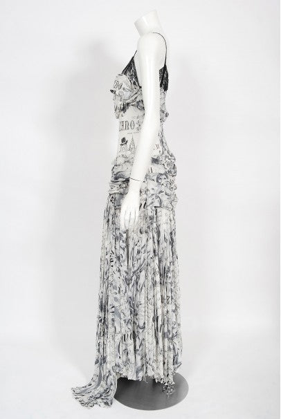 2006 John Galliano Documented Runway Newspaper Print Silk &amp; Lace Gown