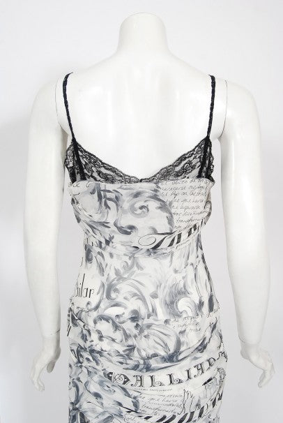 2006 John Galliano Documented Runway Newspaper Print Silk &amp; Lace Gown