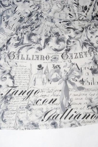 2006 John Galliano Documented Runway Newspaper Print Silk &amp; Lace Gown