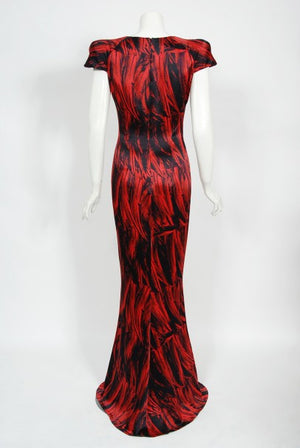 2009 Alexander McQueen Lifetime Red Feather Print Silk Low-Plunge Gown