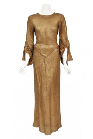 1930's Debenham & Freebody Metallic Gold Lamé Winged Sleeve Gown