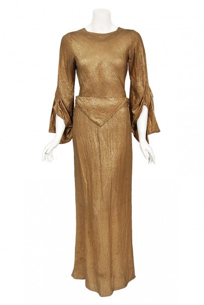 1930's Debenham & Freebody Metallic Gold Lam Winged Sleeve Gown 1930's Debenham & Freebody Metallic Gold Lam Winged Sleeve Gown