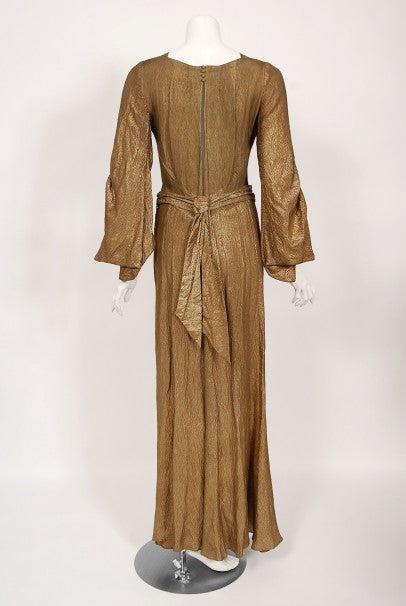 1930's Debenham & Freebody Metallic Gold Lam Winged Sleeve Gown - Timeless Vixen 1930's Debenham & Freebody Metallic Gold Lam Winged Sleeve Gown - Timeless Vixen