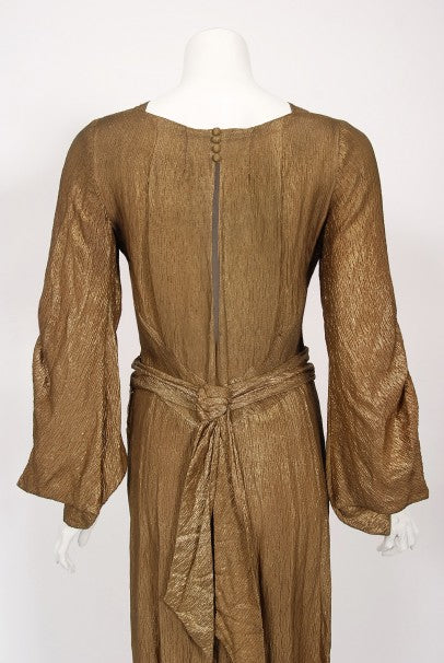 metallic gold dress with sleeves Long Sleeve Metallic Crinkled Wrap Gown | Gown