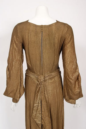 1930's Debenham & Freebody Metallic Gold Lamé Winged Sleeve Gown