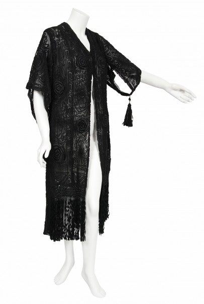 1910&#39;s Henriette Favre Paris Couture Embroidered Net-Lace Fringed Jacket