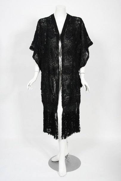 1910&#39;s Henriette Favre Paris Couture Embroidered Net-Lace Fringed Jacket