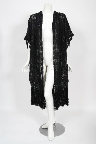 1910&#39;s Henriette Favre Paris Couture Embroidered Net-Lace Fringed Jacket